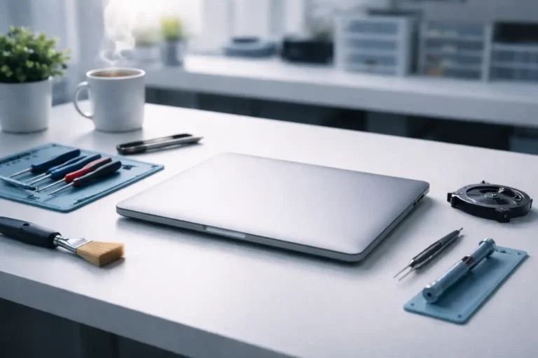 Laptop med værktøj og kaffe