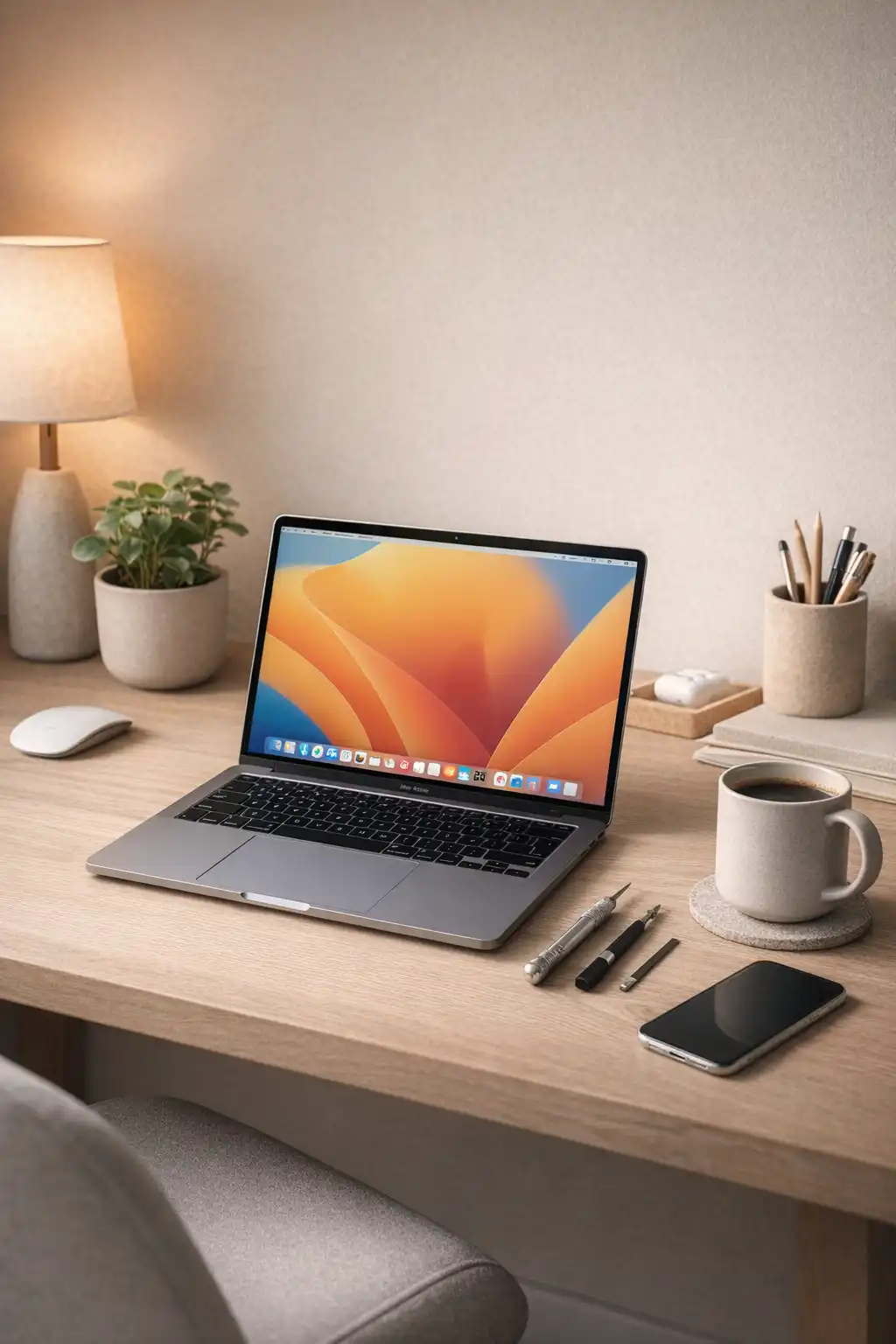 Moderne skrivebord med laptop og planter