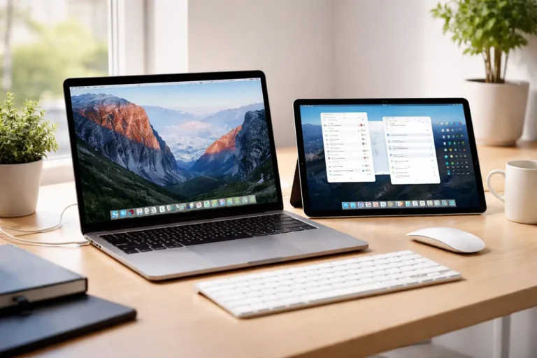 Laptop og tablet på skrivebord